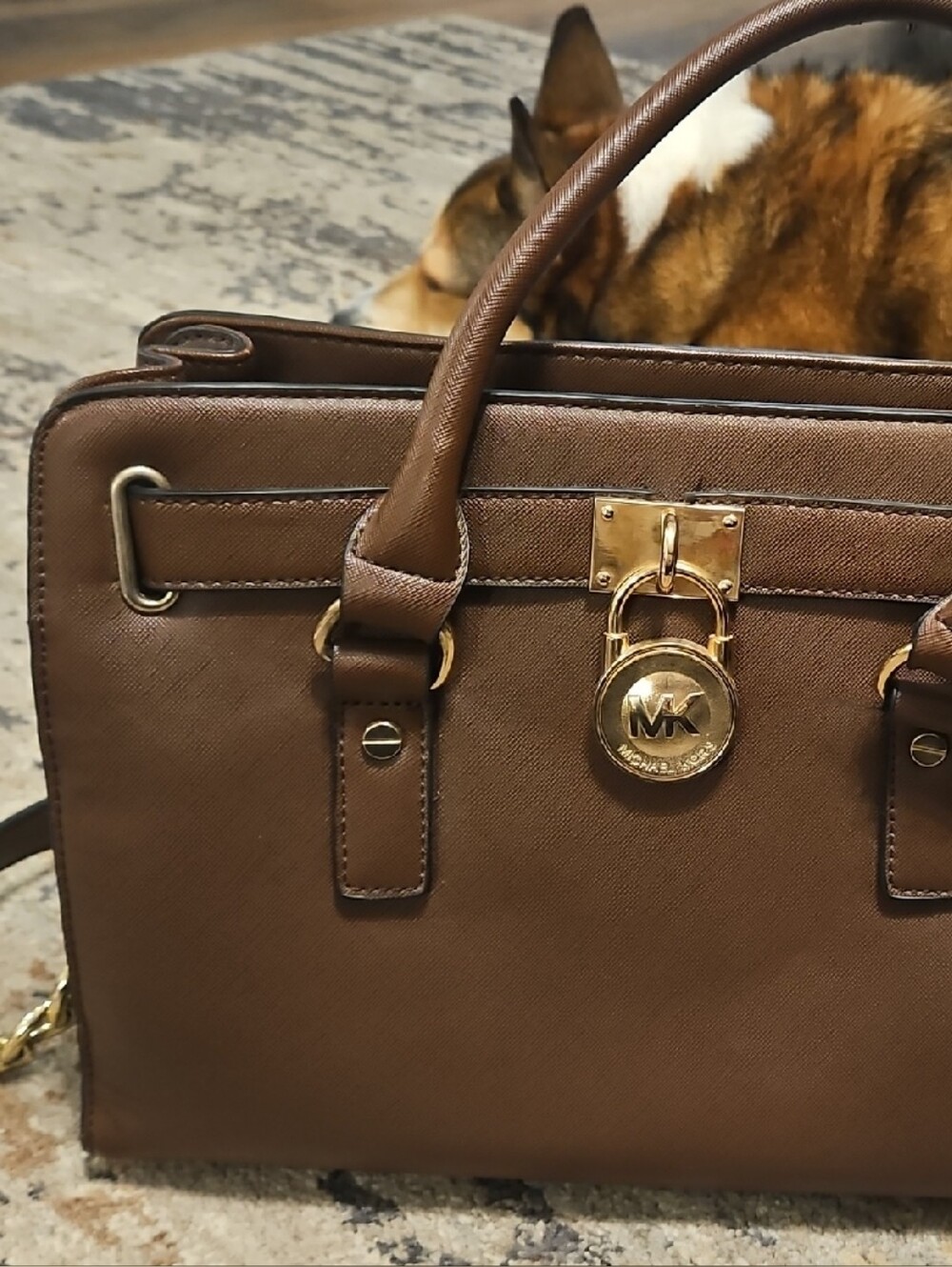 Vintage Brown Leather Satchel Handbag with Gold Hardware